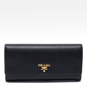Pre Owned Prada Black Saffiano Leather Flap Continental Wallet