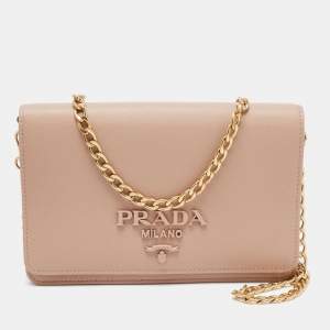 Pre Owned Prada Cipra Beige Saffiano Lux Leather Logo Flap Chain Clutch 