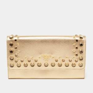 Pre Owned Prada Gold Saffiano Lux Leather Jeweled Studded Flap Continental Wallet