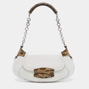 Prada White/Cream Leather and Lizard Flap Chain Hobo
