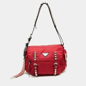 Prada Red/Black Nylon and Leather New Vela Studded Messenger Bag
