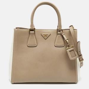 Pre Owned Prada Beige/White Saffiano Lux Leather Tote