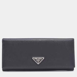 Pre Owned Prada Black Saffiano Leather Flap Continental Wallet