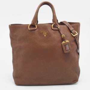 Pre Owned Prada Brown Vitello Daino Side Zip Shopping Tote