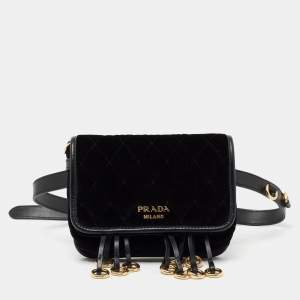 Prada Black Velvet and Leather Corsaire Chain Belt Bag  