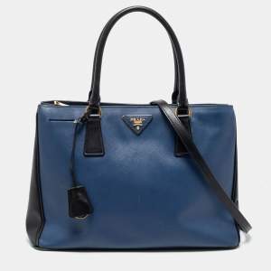 Pre Owned Prada Blue/Black Saffiano Lux Leather Small Middle Zip Tote