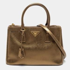 Pre Owned Prada Metallic Gold Saffiano Lux Leather Small Galleria Double Zip Tote