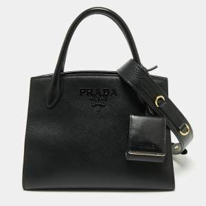 Pre Owned Prada Black Saffiano Cuir Leather Small Monochrome Tote