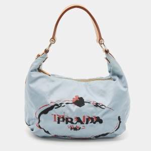 Pre Owned Prada Blue Tessuto Nylon Stencil Hobo 