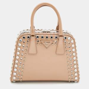 Pre Owned Prada Beige Saffiano Vernice Leather Small Crystal Embellished Pyramid Frame Satchel