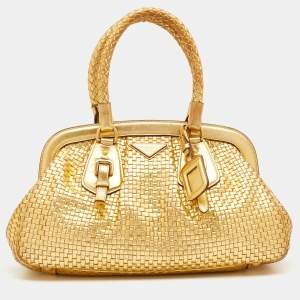Pre Owned Prada Metallic Gold Woven Madras Leather Frame Satchel