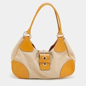 Pre Owned Prada Beige/Caramel Brown Canvas And Leather Shoulder Bag