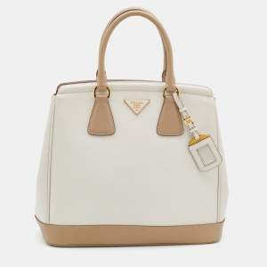 Pre Owned Prada Beige/White Saffiano Lux Leather Parabole Shopping Tote