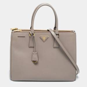 Pre Owned Prada Dark Beige Saffiano Lux Leather Large Double Zip Tote