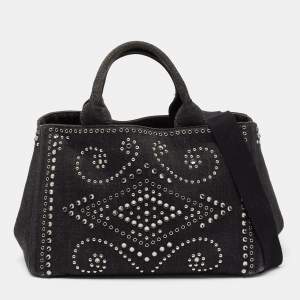 Pre Owned Prada Black Denim Crystal Studded Tote