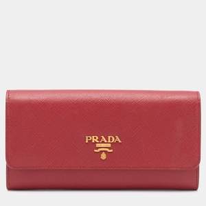 Pre Owned Prada Red Saffiano Leather Flap Continental Wallet