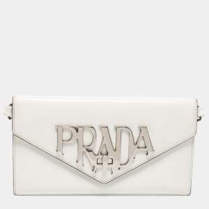 Pre Owned Prada White Leather Spazzolato Logo Envelope Clutch