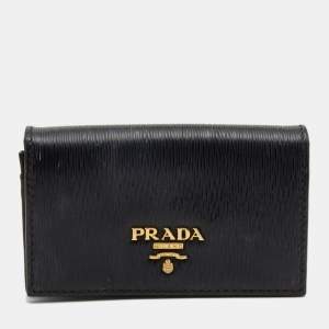 Pre Owned Prada Black Move Leather Logo Flap Card Case 