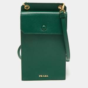 Pre Owned Prada Green Saffiano Lux Leather Phone Holder Crossbody Bag