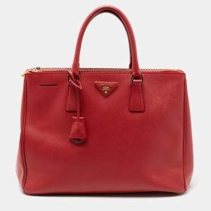 Pre Owned Prada Red Saffiano Lux Leather Large Double Zip Tote
