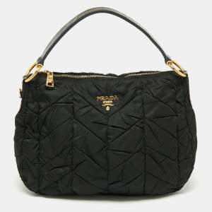 Pre Owned Prada Black Quilted Nylon Tessuto And Patent Leather Hobo