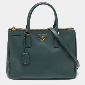 Pre Owned Prada Dark Green Saffiano Leather Medium Double Zip Tote