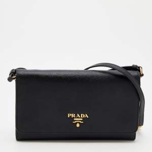 Pre Owned Prada Black Saffiano Leather Wallet On Strap
