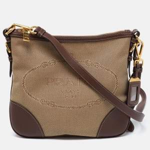 Prada Brown/Khaki Leather and Jacquard Logo Messenger Bag