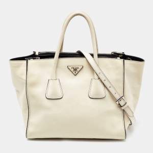 Pre Owned Prada Off White Leather Twin Pocket Tote