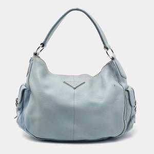Pre Owned Prada Blue Leather Vitello Daino Side Pocket Hobo