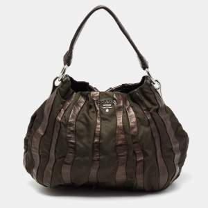 Pre Owned Prada Olive Green/Brown Leather And Nylon Tessuto Waves Hobo