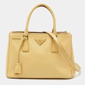 Pre Owned Prada Yellow Saffiano Lux Leather Small Galleria Double Zip Tote