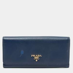 Pre Owned Prada Navy Blue Saffiano Metal Leather Logo Flap Continental Wallet