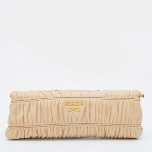 Pre Owned Prada Beige Gaufre Leather East-West Frame Clutch