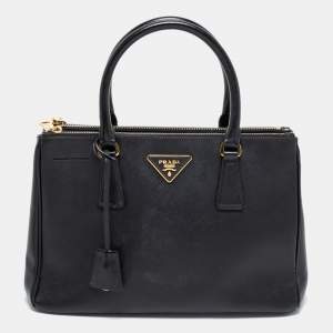 Pre Owned Prada Black Saffiano Leather Small Galleria Double Zip Tote