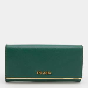 Prada Green Saffiano Leather Metal Bar Continental Wallet