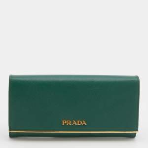 Pre Owned Prada Green Saffiano Leather Metal Bar Continental Wallet