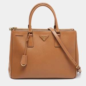 Pre Owned Prada Brown Saffiano Lux Leather Medium Double Zip Tote
