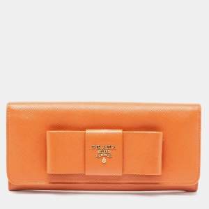Pre Owned Prada Orange Saffiano Lux Leather Bow Flap Continental Wallet