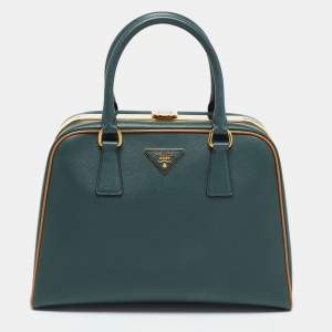 Pre Owned Prada Green Saffiano Lux Leather Pyramid Frame Satchel