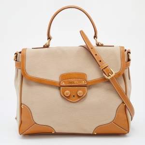 Pre Owned Prada Beige/Tan Canvas and Cinghiale Leather Top Handle Bag        
