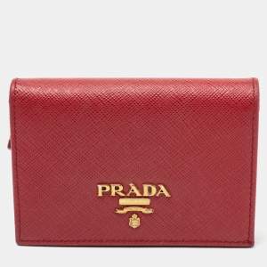 Pre Owned Prada Red Saffiano Leather Compact Wallet