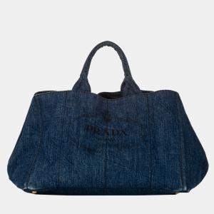 مملوكة مسبقًا Prada Blue Canapa Logo Denim Satchel