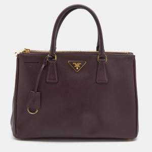 Pre Owned Prada Burgundy Saffiano Leather Medium Galleria Double Zip Tote