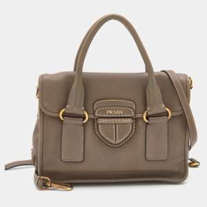 Pre Owned Prada Taupe Grey Leather Tote