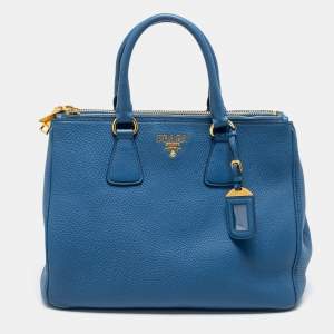 Pre Owned Prada Blue Vitello Daino Leather Double Zip Tote
