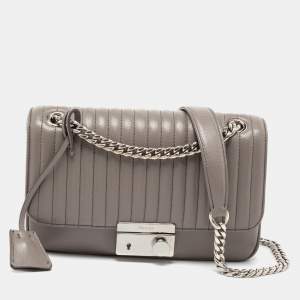 Pre Owned Prada Grey Vertical Quilted Leather Medium Flap Shoulder Bag