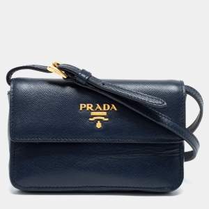 Pre Owned Prada Blue Saffiano Leather Wallet On Strap