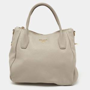 Pre Owned Prada Grey Vitello Daino Leather Sacca 2 Manici Tote