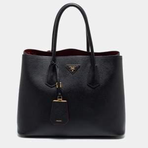 Pre Owned Prada Black Saffiano Leather Medium Double Handle Tote